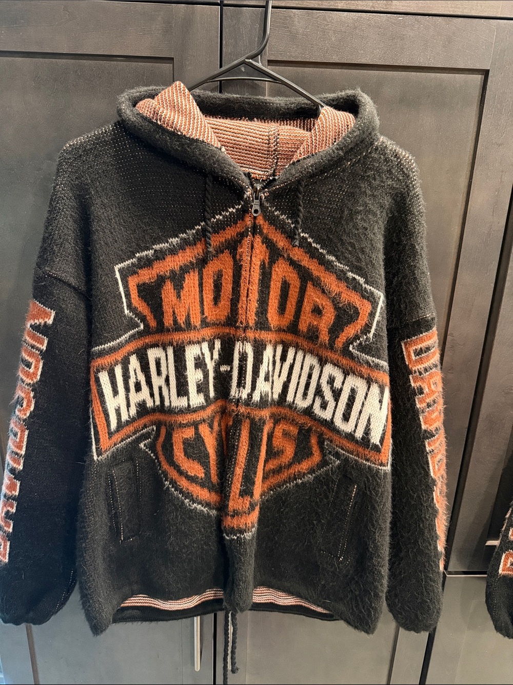 Harley-Davidson Black, Orange & White Zip-Up Knit Hoodie Sweater (Medium Unisex)